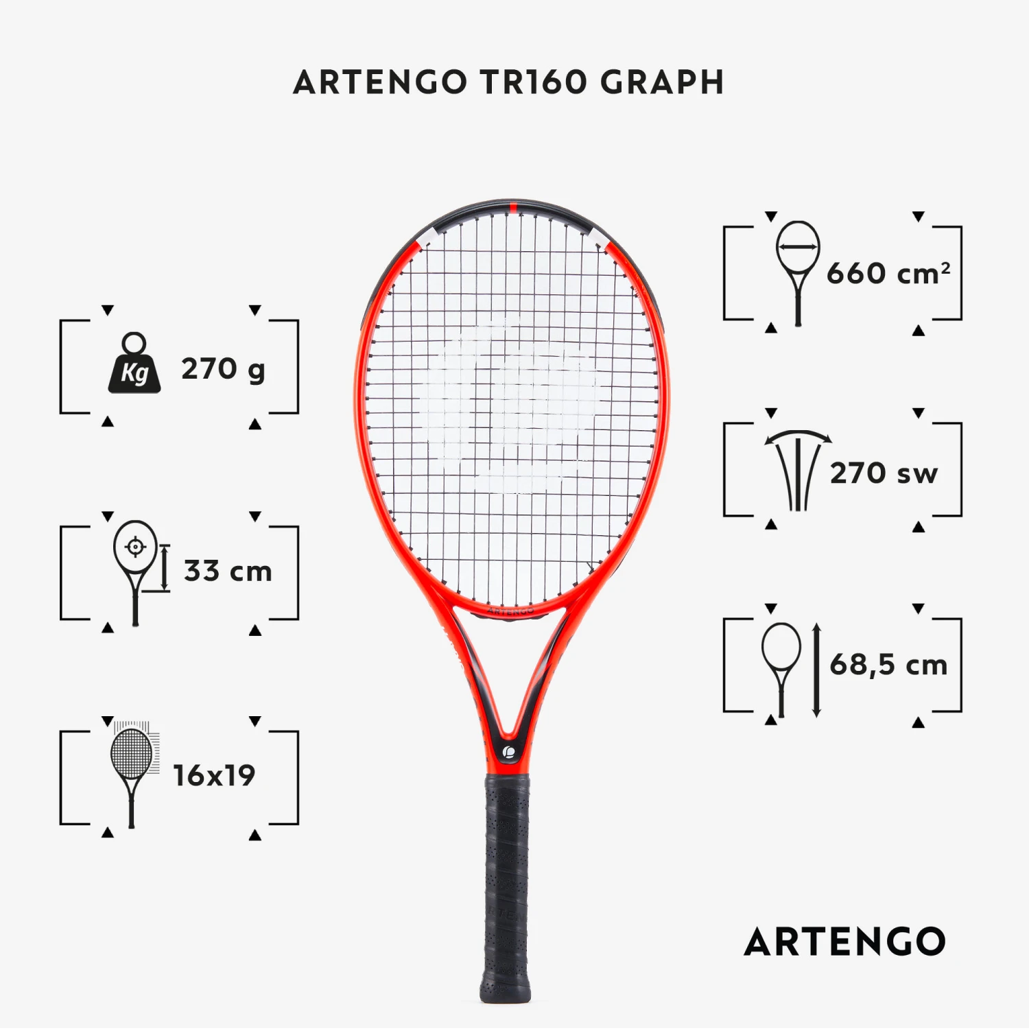 Artengo TR160 Graph Adult Tennis Racket - White 14 Artengo TR160 Graph Adult Tennis Racket - White - Image 12