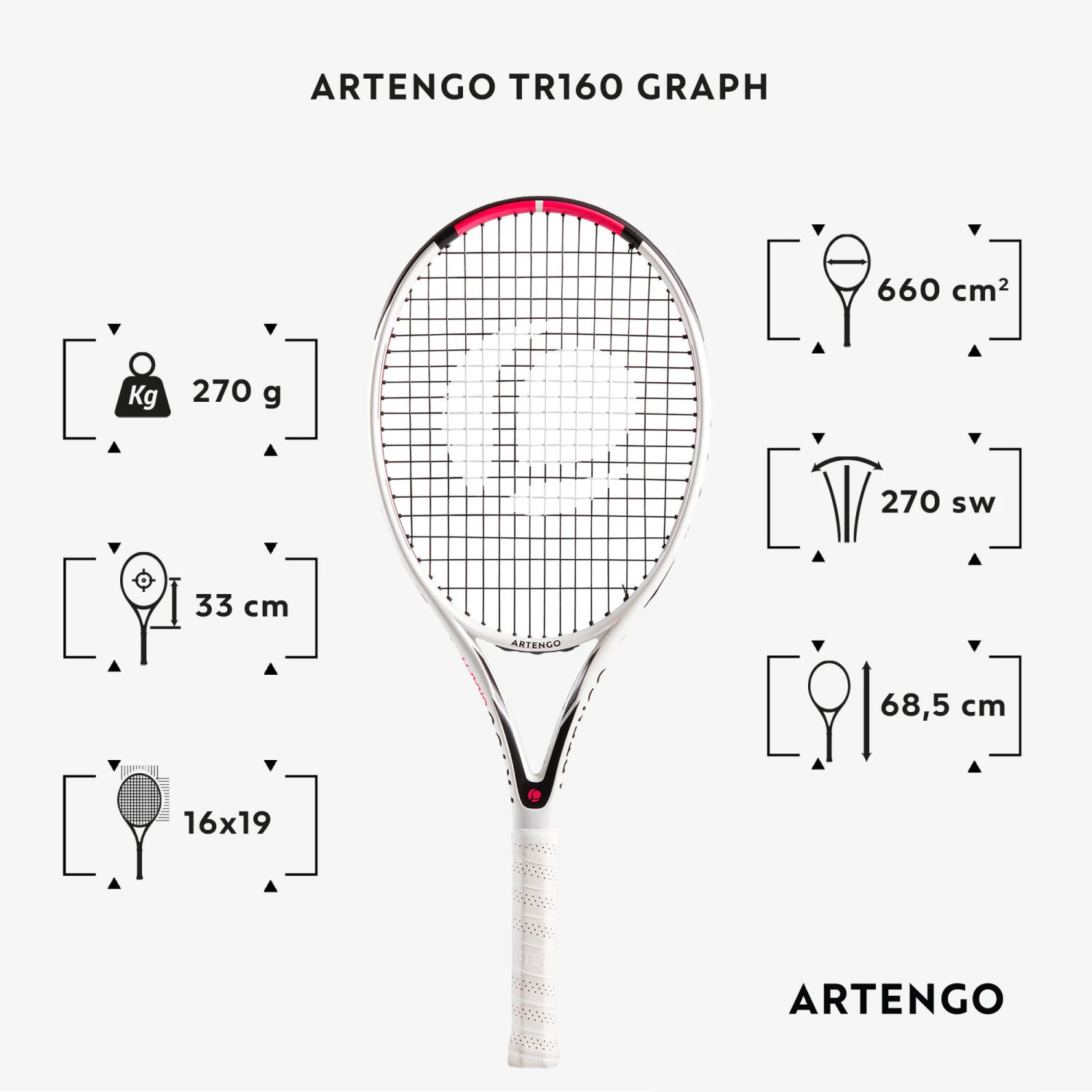 Artengo TR160 Graph Adult Tennis Racket - White 4 Artengo TR160 Graph Adult Tennis Racket - White - Image 2